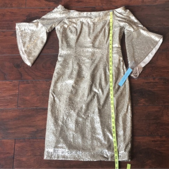 Antonio Melani Sabo Off The Shoulder Bell Sleeve Sequin Dress Champagne 4 NWT - Picture 13 of 16